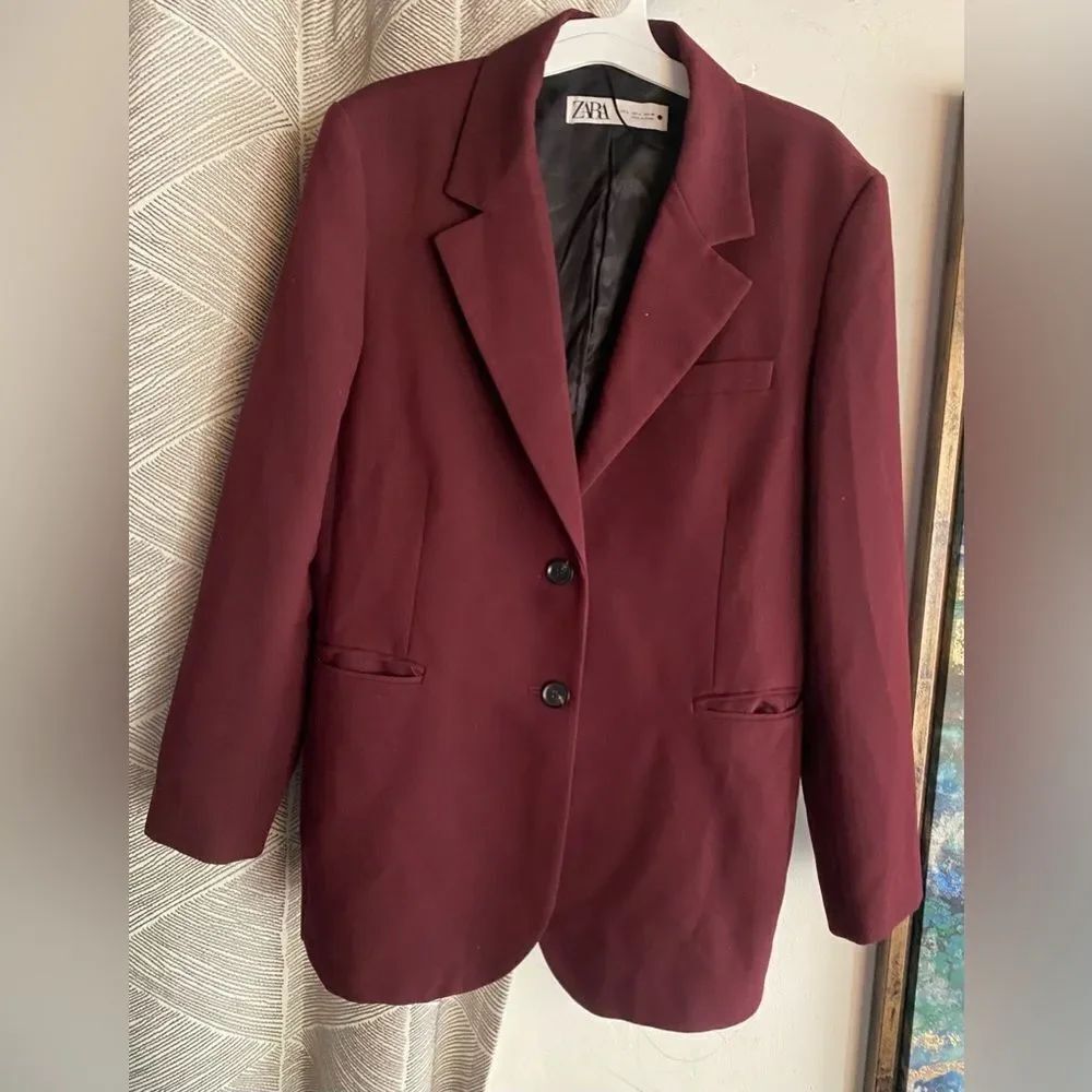 ZARA WOMAN BLAZER JACKET BURGUNDY 2 BUTTON Size LARGE